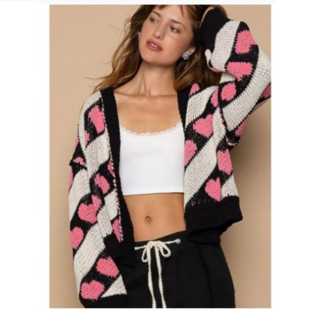NWOT POL Lovers Cardigan Button Up Heart Sweater, Black & Pink | Size Small